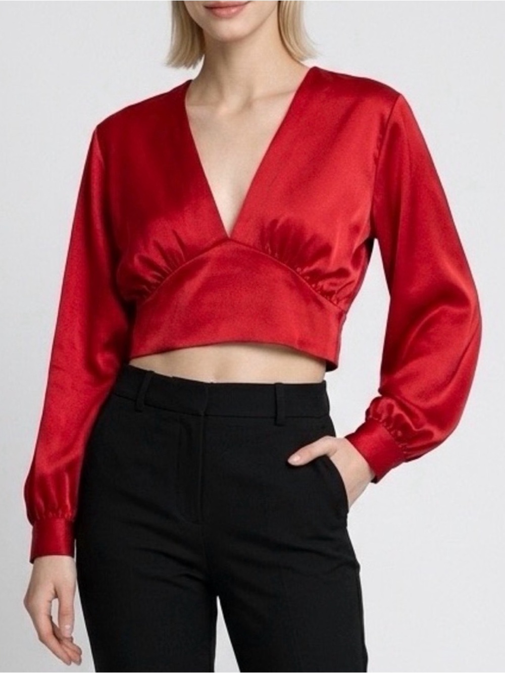 Zara Red Satin V-Neck Long Sleeve Crop Top
